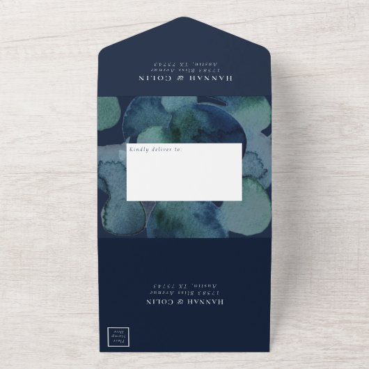 Modern Navy Emerald Abstracte Waterverf All In One Uitnodiging (Buitenkant)