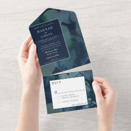 Modern Navy Emerald Abstracte Waterverf All In One Uitnodiging