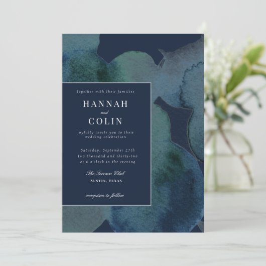 Modern Navy Emerald Abstracte Waterverf Kaart (Staand voorkant)