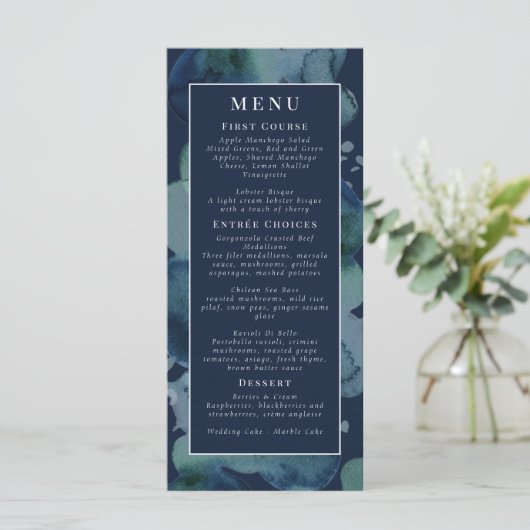 Modern Navy Emerald Abstracte Waterverf Menu (Staand voorkant)