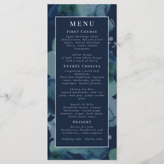 Modern Navy Emerald Abstracte Waterverf Menu (Voorkant)
