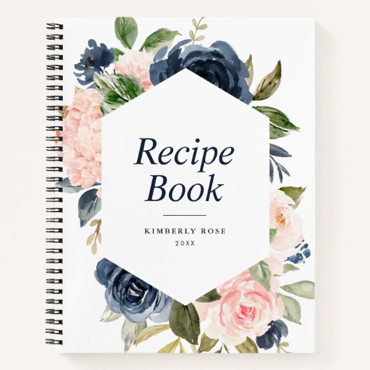 Modern navy en blozend floral lijst Recept Boek (Voorkant)