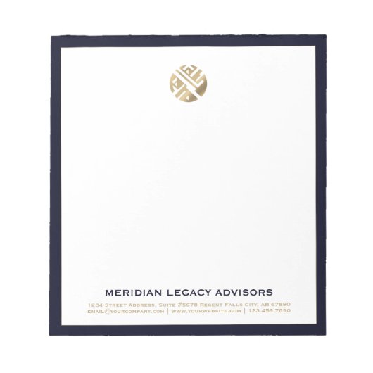 Modern Navy en Gold Business Notitieblok met Logo (Voorkant)