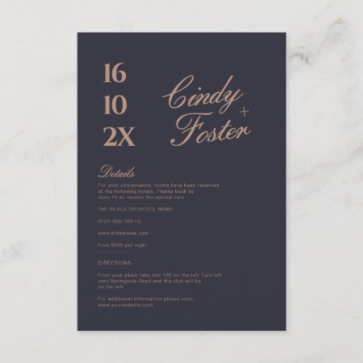 Modern Navy en Roos Gold Wedding Details Informatiekaartje (Voorkant)