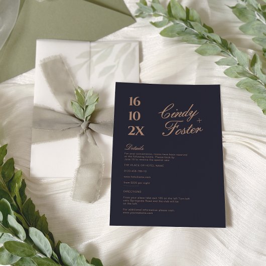 Modern Navy en Roos Gold Wedding Details Informatiekaartje