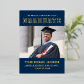 Modern Navy Gold Afstuderen fotograaf Folie Uitnodiging (Staand Voorkant)