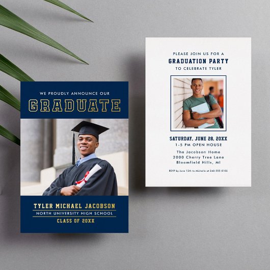 Modern Navy Gold Afstuderen fotograaf Folie Uitnodiging