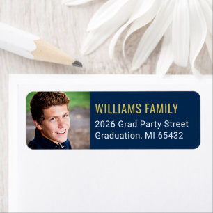 Modern Navy Gold Afstuderen Photo Return Address Etiket