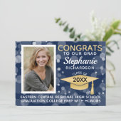 Modern Navy Gold Bokeh Bubbles Foto Afstuderen Kaart (Staand voorkant)