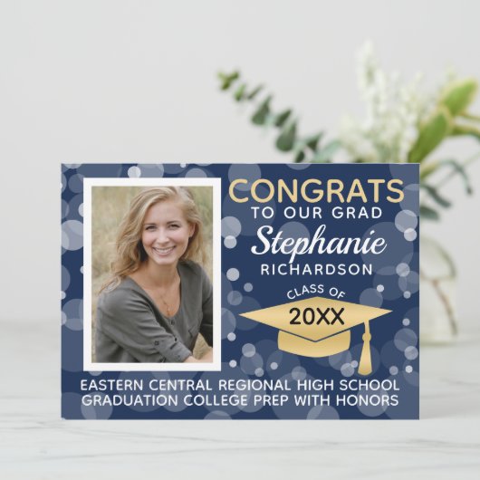 Modern Navy Gold Bokeh Bubbles Foto Afstuderen Kaart (Staand voorkant)