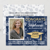 Modern Navy Gold Bokeh Bubbles Foto Afstuderen Kaart (Voorkant / Achterkant)