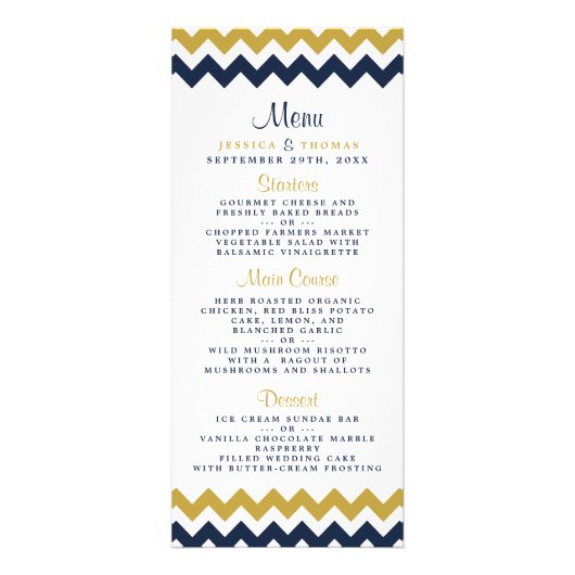 Modern Navy & Gold Chevron Wedding Menu (Voorkant)