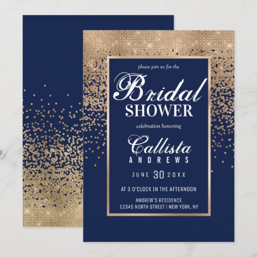 Modern Navy Gold Glitter Confetti Vrijgezellenfees Kaart (Voorkant / Achterkant)