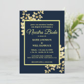 Modern Navy Gold lijst Gold Leaves Nuestra Boda Kaart (Staand voorkant)