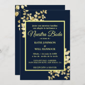 Modern Navy Gold lijst Gold Leaves Nuestra Boda Kaart (Voorkant / Achterkant)