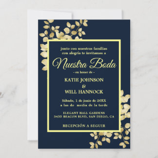 Modern Navy Gold lijst Gold Leaves Nuestra Boda Kaart