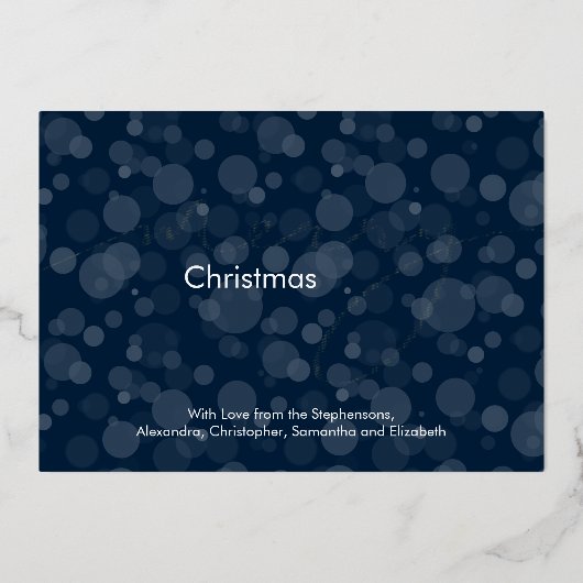 Modern Navy Gold Script Bokeh Merry kerst Folie Uitnodiging (Voorkant)