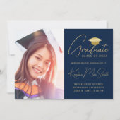 Modern Navy Gold Script Photo College Graduing Aankondiging (Voorkant)