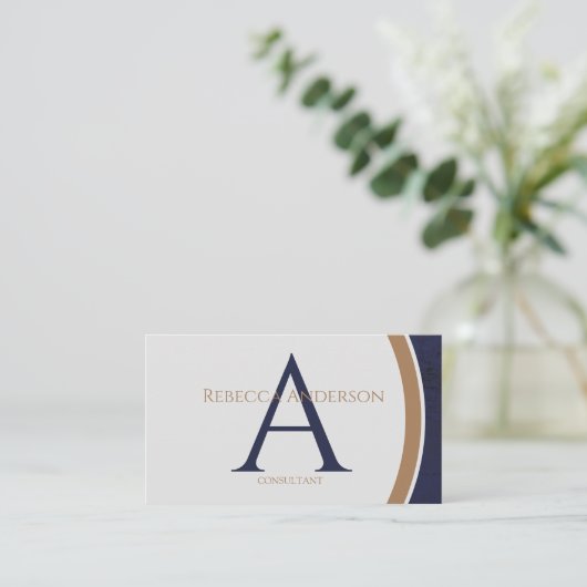 Modern Navy, Goud en Grijs Monogram Visitekaartje (Staand voorkant)