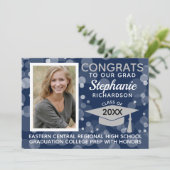 Modern Navy Gray Bokeh Bubbles Foto Afstuderen Kaart (Staand voorkant)