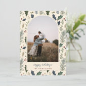 Modern Navy Holly & Pine Leaves Arch Photo Feestdagenkaart (Staand voorkant)