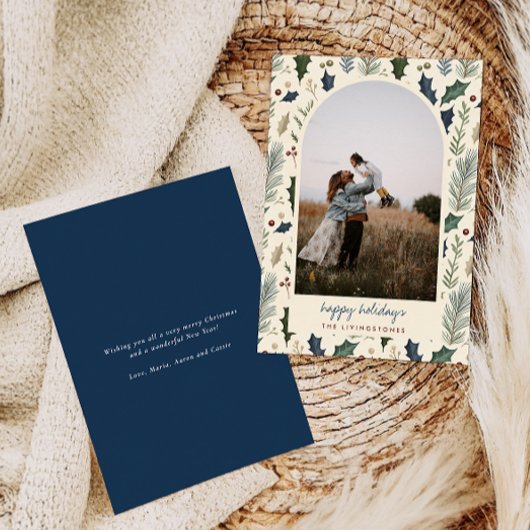 Modern Navy Holly & Pine Leaves Arch Photo Feestdagenkaart