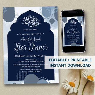 Modern Navy Iftar Invitation  withGeometric Arch Kaart