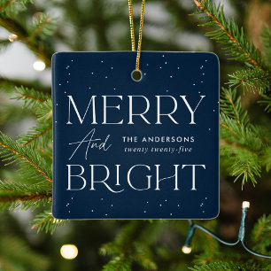 Modern Navy Merry en Bright Foto Keramisch Ornament