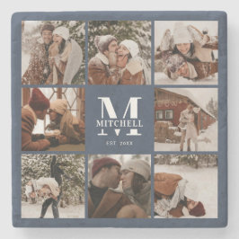 Modern Navy Monogram Initiaal Familienaam & Foto Stenen Onderzetter