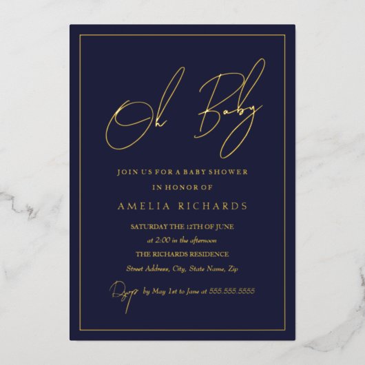 Modern Navy Oh Baby Boy Baby shower Folie Uitnodiging (Voorkant)