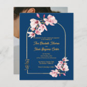 Modern Navy Photo Floral Wedding Invitation (Voorkant / Achterkant)