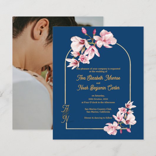 Modern Navy Photo Floral Wedding Invitation (Voorkant / Achterkant)