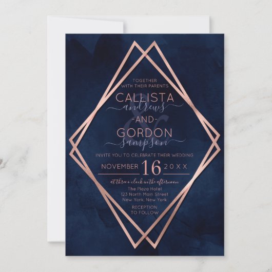 Modern Navy Roos Gold Geometrische Border Wedding Kaart (Voorkant)
