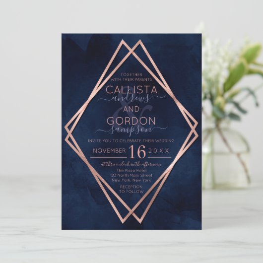 Modern Navy Roos Gold Geometrische Border Wedding Kaart (Staand voorkant)