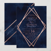 Modern Navy Roos Gold Geometrische Border Wedding Kaart (Voorkant / Achterkant)