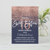 Modern Navy Roos Gouden Glitter Confetti Sweet 16 Kaart (Staand voorkant)
