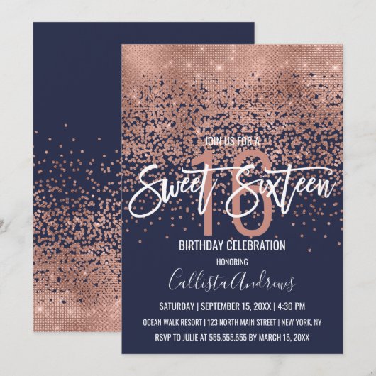 Modern Navy Roos Gouden Glitter Confetti Sweet 16 Kaart (Voorkant / Achterkant)