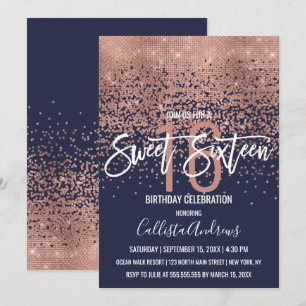 Modern Navy Roos Gouden Glitter Confetti Sweet 16 Kaart