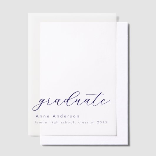 Modern Navy Script Custom Afstuderen Overlay Vellum Uitnodigingen (Offset)