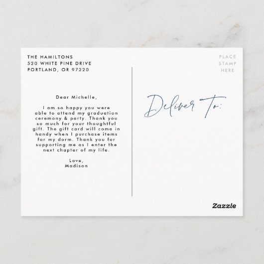 Modern Navy Script Photo Afstuderen Bedankt Briefkaart (Achterkant)