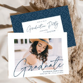 Modern Navy Script Photo Graduation Party Kaart