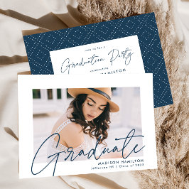 Modern Navy Script Photo Graduation Party Kaart