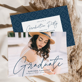 Modern Navy Script Photo Graduation Party Kaart