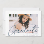 Modern Navy Script Photo Graduation Party Kaart (Voorkant)