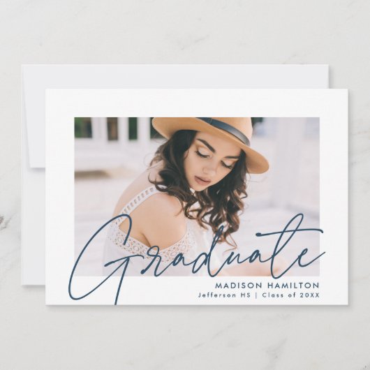 Modern Navy Script Photo Graduation Party Kaart (Voorkant)