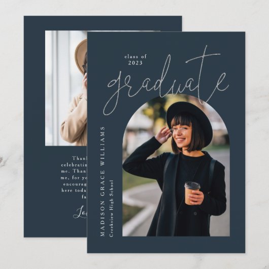 Modern Navy Silver Arch Afstuderen Kaart (Voorkant / Achterkant)