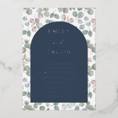 Modern Navy & Silver Botanische Waterverf bruiloft Folie Uitnodiging (Voorkant)