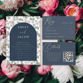 Modern Navy & Silver Botanische Waterverf bruiloft Folie Uitnodiging