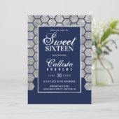 Modern Navy Silver Glitter Hexagon Geo Sweet 16 Kaart (Staand voorkant)