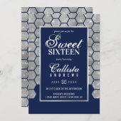 Modern Navy Silver Glitter Hexagon Geo Sweet 16 Kaart (Voorkant / Achterkant)